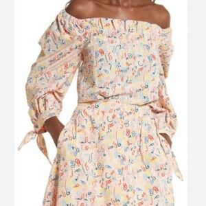 Nordstrom By Cristina Martinez Peach Doodle Artistic Puff Sleeve Smocked Top